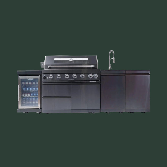 Castelle Flame Belmont 43-Inch 6-Burner 85K BTU Stainless Steel Outdoor BBQ Kitchen Grill Island With Wine Cooler, Rotisserie, And Sink (SAK19476)