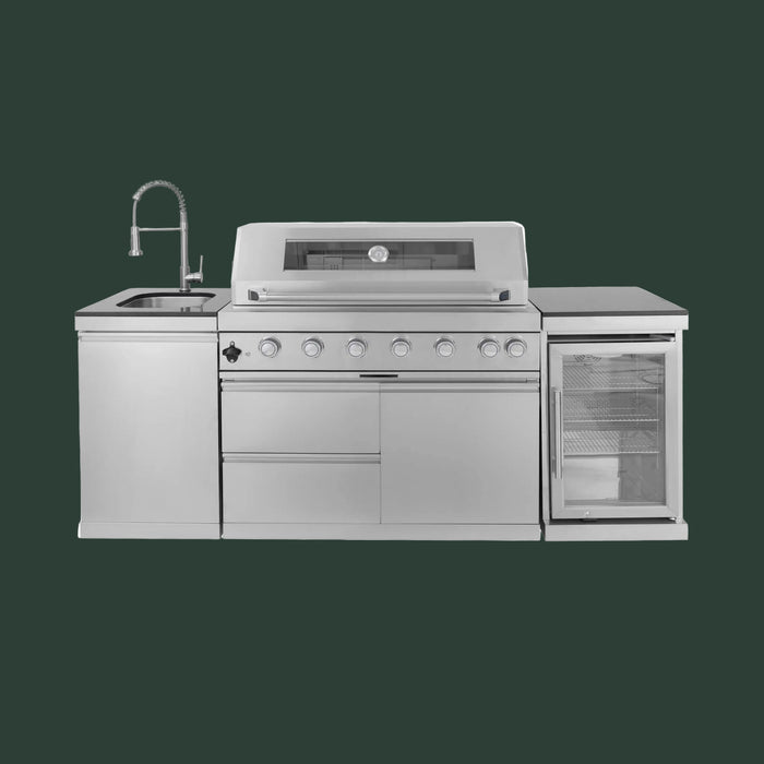 Castelle Flame Verona 44-Inch 6-Burner 85K BTU Stainless Steel Outdoor BBQ Kitchen Grill Island With Wine Cooler, Rotisserie Kit, And Storage Cabinets (SAK97105)