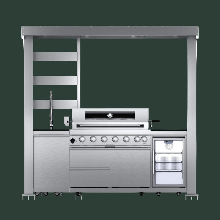 Castelle Flame Astoria 94-Inch 6-Burner 85K BTU Outdoor Kitchen Liquid Propane Grill Island With Wine Cooler, Rotisserie, Cabinets, And Granite Countertops (SAK68014)