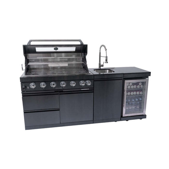 Castelle Flame Avalon 85K BTU Outdoor BBQ Liquid Propane Kitchen Grill Island With 43-Inch 6-Burner Grill, Wine Fridge, Rotisserie Kit, And Sink (SAK23864)