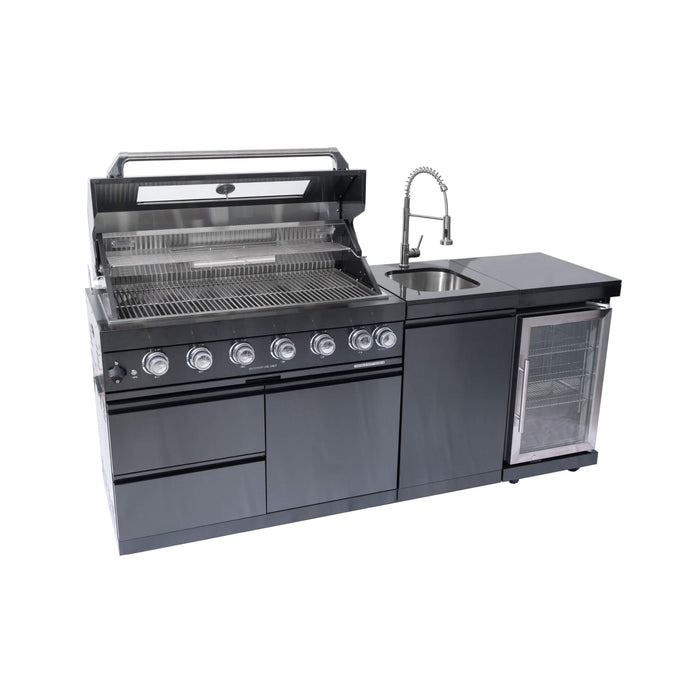 Castelle Flame Avalon 85K BTU Outdoor BBQ Liquid Propane Kitchen Grill Island With 43-Inch 6-Burner Grill, Wine Fridge, Rotisserie Kit, And Sink (SAK23864)