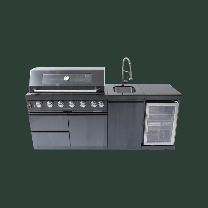 Castelle Flame Avalon 85K BTU Outdoor BBQ Liquid Propane Kitchen Grill Island With 43-Inch 6-Burner Grill, Wine Fridge, Rotisserie Kit, And Sink (SAK23864)