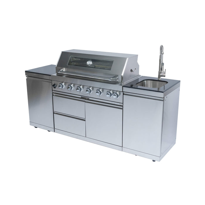 Castelle Flame Valmont 85K BTU Outdoor BBQ Kitchen Grill Island With 43-Inch 6-Burner Grill, Granite Countertops, Rotisserie Kit, Cabinets, And Sink (SAK73518)