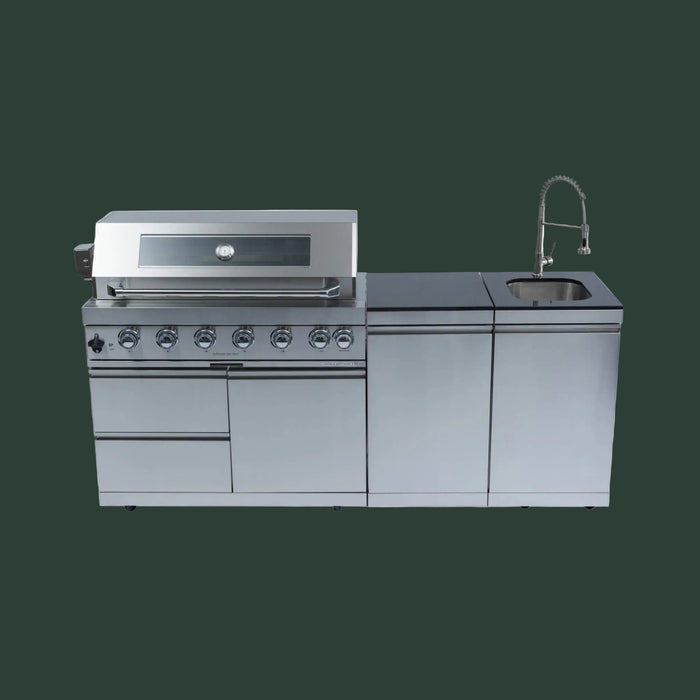 Castelle Flame Valmont 85K BTU Outdoor BBQ Kitchen Grill Island With 43-Inch 6-Burner Grill, Granite Countertops, Rotisserie Kit, Cabinets, And Sink (SAK73518)