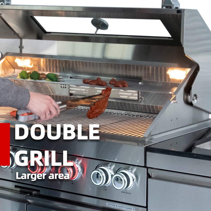 Castelle Flame Valmont 85K BTU Outdoor BBQ Kitchen Grill Island With 43-Inch 6-Burner Grill, Granite Countertops, Rotisserie Kit, Cabinets, And Sink (SAK73518)