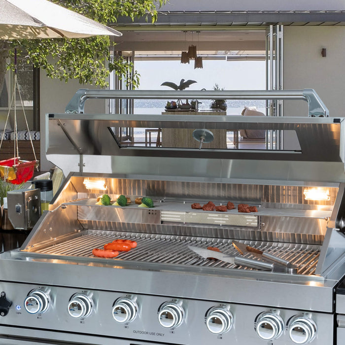 Castelle Flame Valmont 85K BTU Outdoor BBQ Kitchen Grill Island With 43-Inch 6-Burner Grill, Granite Countertops, Rotisserie Kit, Cabinets, And Sink (SAK73518)