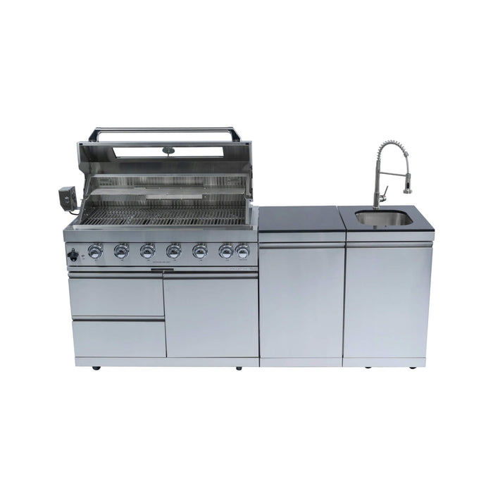 Castelle Flame Valmont 85K BTU Outdoor BBQ Kitchen Grill Island With 43-Inch 6-Burner Grill, Granite Countertops, Rotisserie Kit, Cabinets, And Sink (SAK73518)