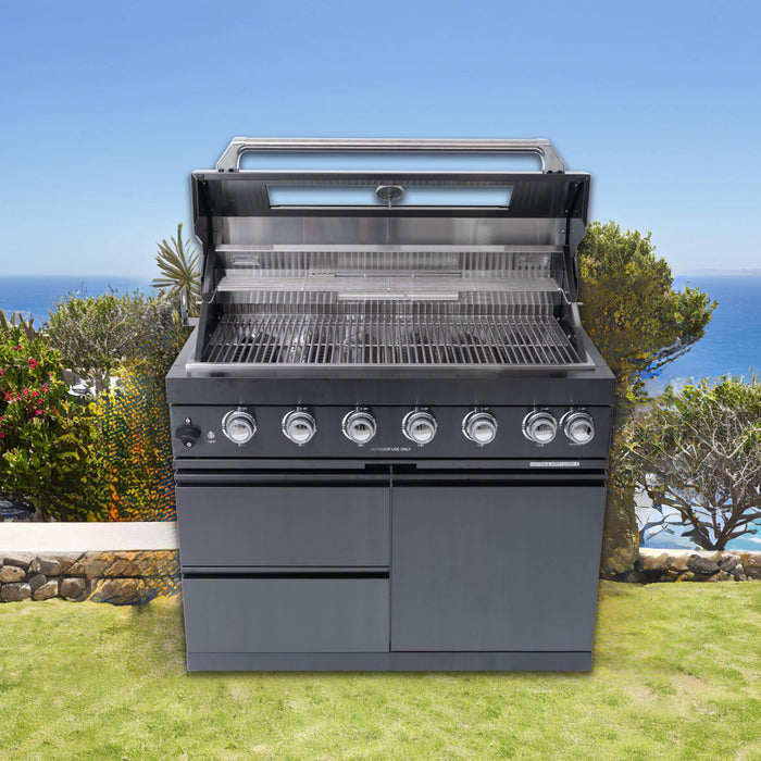 Castelle Flame Premium Black Stainless Steel 6-Burner Liquid Propane Kitchen Grill Island With Rotisserie Kit (SAK82641)