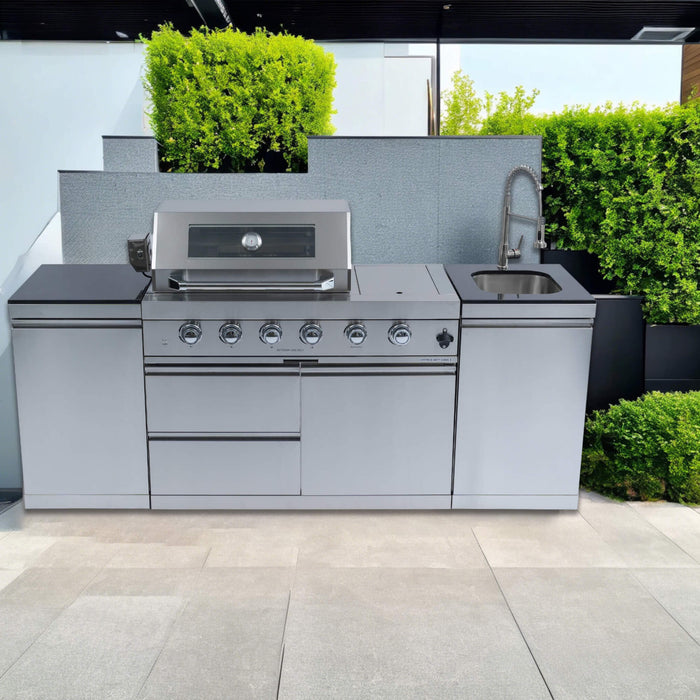 Castelle Flame Aurelia 72K BTU Stainless Steel Outdoor BBQ Kitchen Grill Island With 46-Inch 4-Burner 85K BTU Grill, Rotisserie Kit, And Cabinets (SAK93192)