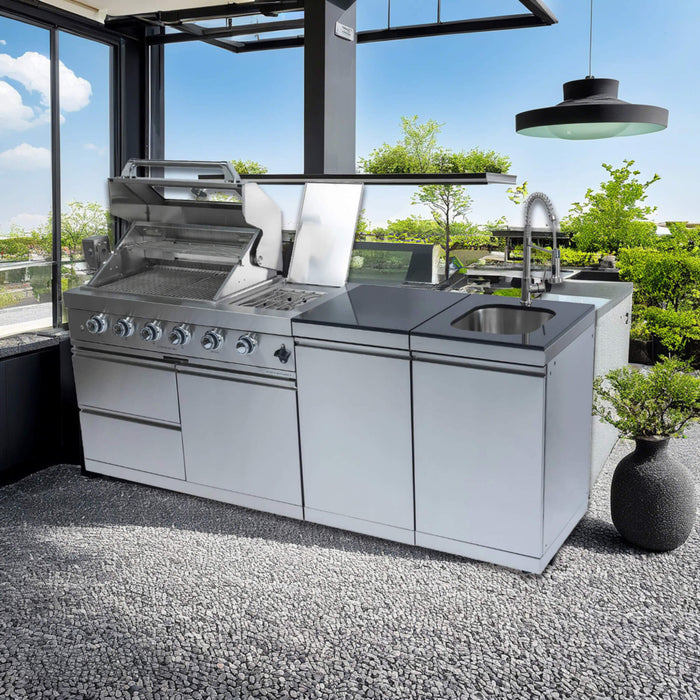 Castelle Flame Aurelia 72K BTU Stainless Steel Outdoor BBQ Kitchen Grill Island With 46-Inch 4-Burner 85K BTU Grill, Rotisserie Kit, And Cabinets (SAK93192)