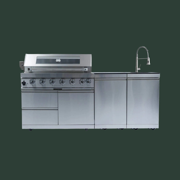 Castelle Flame Tuscany Outdoor BBQ Liquid Propane Kitchen Grill Island With 43-Inch 6-Burner 85K BTU Propane Gas Grill, Rotisserie Kit, And Storage Cabinets (SAK95623)